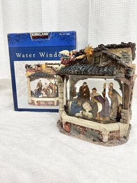 166869 Kirkland Vintage Water Window Snow Globe Christmas Nativity Musical Read