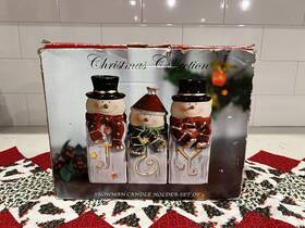 088971 Kirklands Snowmen Ceramic Candle Holders Spell Out Joy Holiday Decor Christmas Cozy