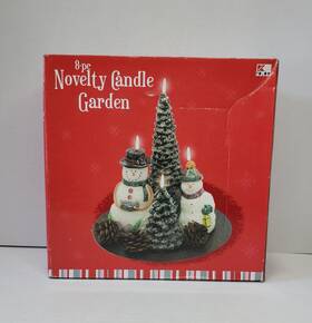 270-672372-117 Kmart New In Box 8 Piece Novelty Winter Christmas Candle Garden Snowmen Trees Pinecone