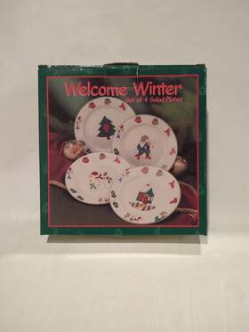 Kmart 715512021435 Set Of 4 Vintage Welcome Winter Salad Plates Christmas Stoneware 7.5 Inch