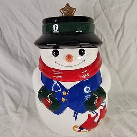 Kmart 756809402919 Snowman Cookie Jar Hand Painted Ceramic In Box Christmas Vintage
