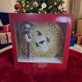 Kohl S 400566542288 Kohls Hand-painted Ceramic Christmas Snowman Cheese Plate And Knife Set Nib