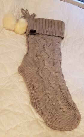 27984 Koolaburra By Ugg Carla Grey Cable Knit Fur Poms Holiday Christmas Stocking Gift Decoration