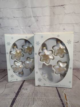 Krebs 024762183849 7 Vtg Christmas By White Gold Glitter Glass Star Snowflake Ornaments 12a