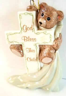 Kurt Adler 086131444890 God Bless This Child Bear Cross Ceramic Porcelain Christmas Ornament