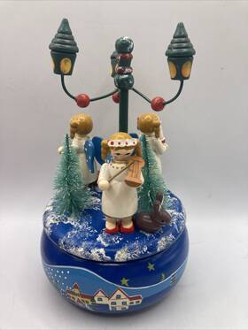 Kurt Adler 086131532610 Vtg Wood Christmas Music Box Bottle Brush Trees Three Angels With