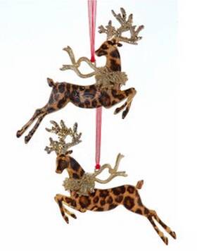 Kurt Adler 086131843334 Glittered Leopard Print Deer 6.3 Inch Plastic Christmas Ornament Set Of 2