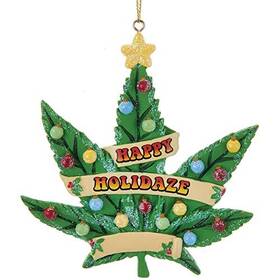 A1877 Kurt Adler Happy Holidaze Cannabis Leaf Christmas Tree Ornament