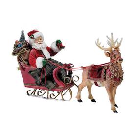 C7339 Kurt Adler Fabrich Santa In Sleigh With Deer Standing Christmas Display