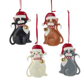D4173 Kurt Adler Christmas Kitty Cats With Jingle Bell Collar Holiday Ornament Set Of 4