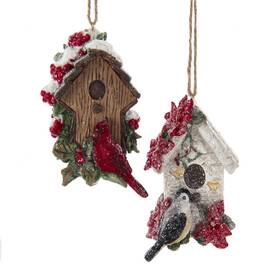 E0673 Kurt Adler Cardinal And Chickadee Perched On Birdhouse Christmas Holiday Ornaments Set Of 2