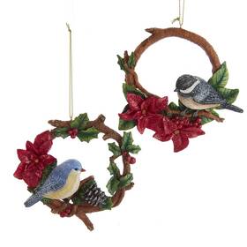 E0756 Kurt Adler Chickadee And Bluebird Perched On Wreath Christmas Holiday Ornaments Set Of 2