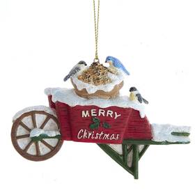 E0758 Kurt Adler Backyard Birds Feeding On Snowy Wheelbarrow Christmas Holiday Ornament