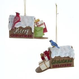E0759 Kurt Adler Backyard Birds Perched On Snowy Mailbox Christmas Holiday Ornaments Set Of 2