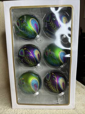 Gg0920 Kurt Adler Set Of 6 Asst 2 Peacock Green Purple Ball Glass Christmas Ornaments