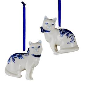 J0936-k82 Kurt Adler Porcelain Delft Blue Cat Christmas Ornament Set J0936