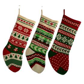 B0680 Kurt S. Adler Red Green And Ivory Knit Snowflake Christmas Tree Stockings 3 Assorted