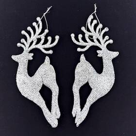 W20259 Kurt S. Adler Set Of 2 Silver Diamond Glitter Reindeer Ornaments Christmas Decor