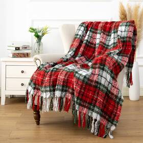 Lalifit 973103196467 Plaid Throw Blanket With Fringes Green Red Christmas Home Decor Blank