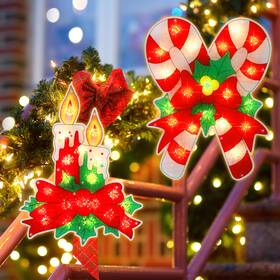 Lamphome 972603225132 2 Pack Lighted Candy Cane And Candle Christmas Window Silhouette Lights Decor