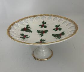 M4981 Lefton Vintage China 7956 Holly Christmas Pedestal Compote Candy Dish 7.25 Inch
