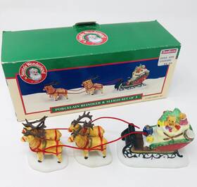 33094 Lemax Santas Reindeer And Sleigh Set Of 3 Pieces Christmas Porcelain 1993 In Box