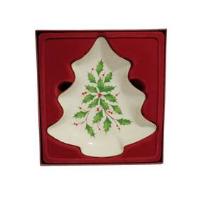 6146310 Lenox Holiday Christmas Tree Candy Dish Holly Berry Gold Trim Bone China Nib