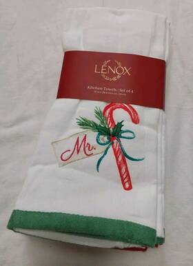 Lenox 719663030902 Christmas Kitchen Towels Set Of 4 Mr. And Mrs. Candy Cane Embroidered