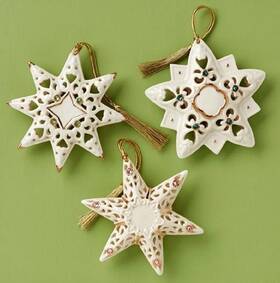 897534 Lenox Pierced Star Xmas Ornaments Set Of 3 Porcelain With Crystal Gems New Boxed