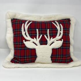 Th22630p-d Levtex Home Red Plaid Deer Pillow With Fur Edge Holiday Christmas Decorated