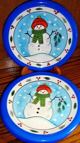 Libbey 031009261994 Nwt Set 4 Snowman 10.5 Inch Dinner Plates Blue Rim Christmas Holiday G12