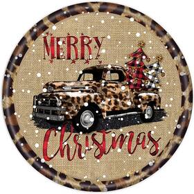 Licpact 302956663027 Leopard Truck Christmas Wreath Round Metal Tin Sign Rustic Wall Decor 12x12 Inch