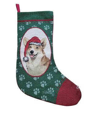Linda Pickens 725734328731 Christmas Stocking Tapestry Corgi Pembroke Santa Hat Paw Prints