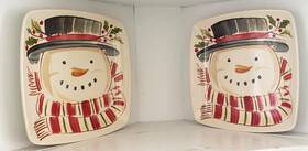 31961 Longaberger #31961 2 Pottery Snowman Top Hat Square Luncheon Plates Christmas