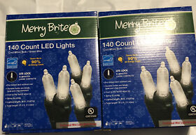 348084 Lot 2 Christmas Holiday 140ct Cool White Led String Light Green Wire Merry Brite