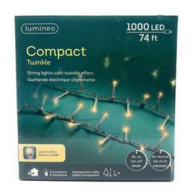 780323 Lumineo 1000 Led Warm White Christmas Compact Lights Set Transparent Wire 74 Feet