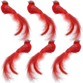 Lwingflyer 744759059079 6pcs Red Glitter Clip-on Artificial Bird Ornaments For Christmas Decor