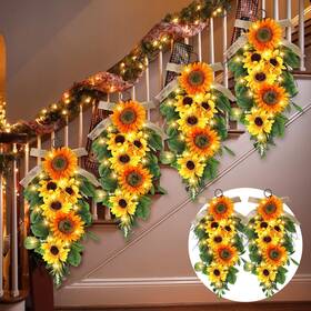 Yin-lyrow-2468 Lyrow 4 Pcs Cordless Prelit Christmas Sunflower Artificial Swags 24 Inch Stairway