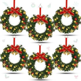 Yin-lyrow-2483 Lyrow 6 Pcs Lighted Christmas Wreath With Red Bow Ornament 13 Inch Prelit Xmas
