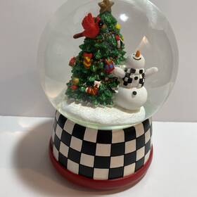 31600-1229 Mackenzie-childs New Cozy Christmas Snowman And Tree Snowglobe Courtly Check Music