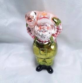 Margaret Cobane 874504000718 Glass Hand Blown Painted Christmas Ornament Farmer Santa With Pig