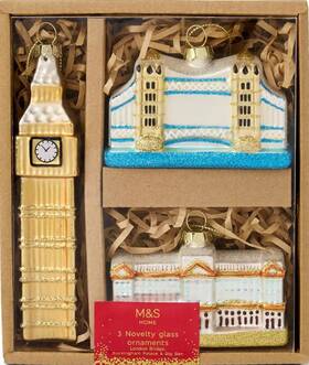 Marks And Spencer 045715172302 New 3 Glass Novelty Christmas Ornaments London Icons Ben Bridge