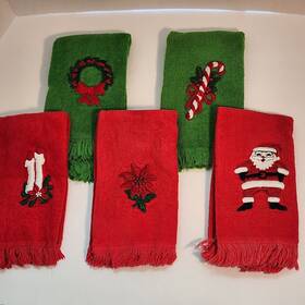 Cc1000284 Martex Fingertip Hand Towels Vtg Christmas Embroidered Fringe Green Red Lot Of 5
