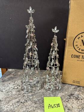 H229684 Martha Stewart Christmas 2 Pastel Pink Blue Faceted Jeweled Cone Trees Silver 15.75 Inch 12.7