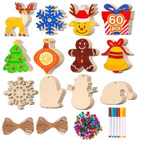 Max Fun 793398563706 60pcs Christmas Wooden Ornaments Unfinished Predrilled Wood Slices Ci