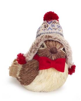 Melrose 31755138 9.5 Brown Cream Bird With Snow Hat Bowtie Christmas Table Top Decoration