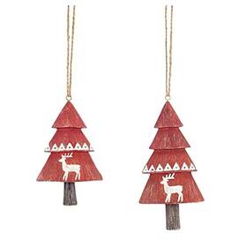 68891 Melrose Red Christmas Trees With Deer Hanging Ornaments Set Of 2 Holiday Decorations New
