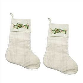 69109-2 Melrose Embroidered Holly Silver White Christmas Stockings 19x11 Inches Set Of 2