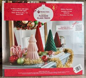G75-mxfga007d Members Mark Christmas Trees Flocked Glass Set Of Four Unique Lighted Brand New