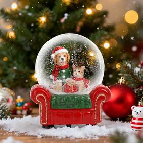 Merri Glow 653998773908 120mm Musical Snow Globe Christmas Table Decor With Pet Dog Cat Scene Indoor